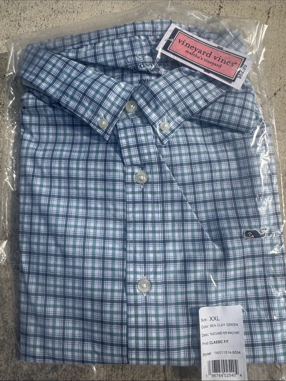 Vineyard Vines Sea Clay Green and White Plaid Button-Down Shirt